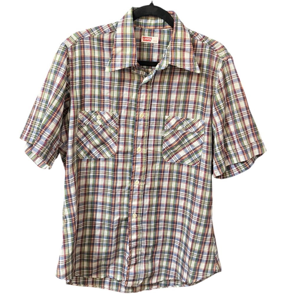 Vtg 70s Levis Saddleman White Tab Plaid Shirt Mens L Short Sleeve Western Disco